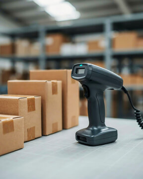 Black digital barcode scanner tool standing near cardboard shipping boxes on a warehouse table for logistics inventory management shot on mobile phone