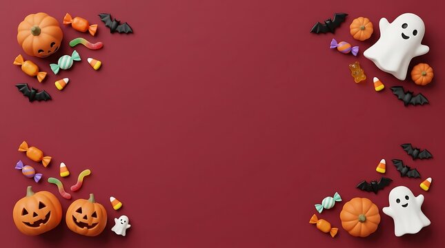 Halloween background with cute 3d pumpkins, ghosts, bats, and colorful candies on a dark red surface, top view with copy space