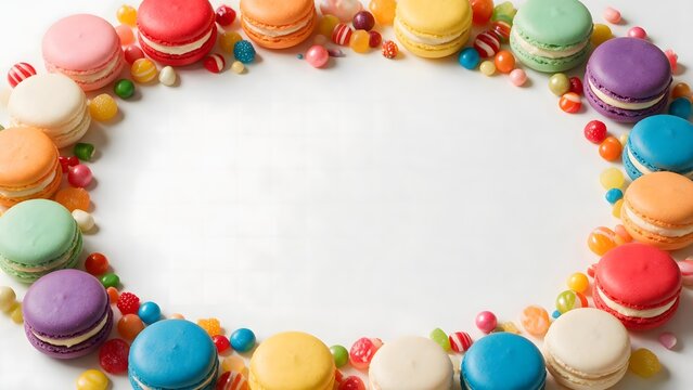 Colorful macarons and candy pieces arranged in neat border. Sweet treat concept