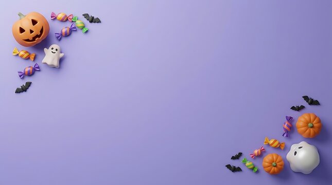 Halloween flatlay with pumpkins, ghosts, bats, and candies on a purple background