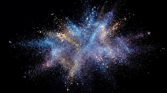 Blue and purple powder explosion isolated on a black background with blue dust color burst smoke cloud abstract background explosion