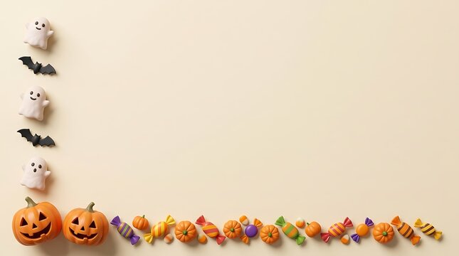 Halloween corner border with cute ghosts, bats, pumpkins, and candies on a light beige background
