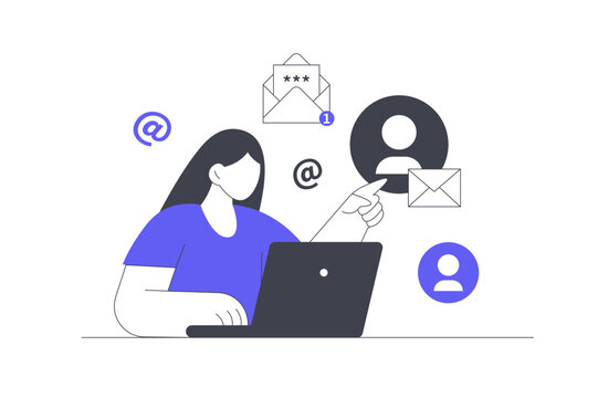 Sends Letters Email Marketing and Digital Communication Delivery. Female Specialist Working on Laptop with Email Envelopes Profile User and At Sign. Flat Cartoon Vector Illustration, icon Stylish 