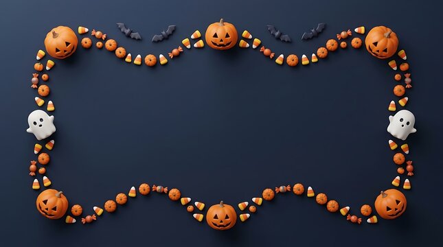 Halloween frame border with pumpkins, ghosts, bats, and candy corn, top view