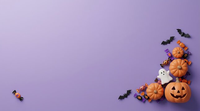 Halloween background with pumpkins, ghost, bats, and candies on a purple surface