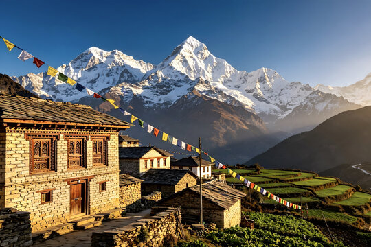 Traditional Nepalese village againts stunning Himalaya mountains with snow-capped  summits