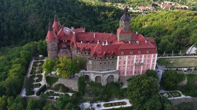 Aerial view of Ksiaz Castle, the third largest in Poland, Walbrzych, Poland