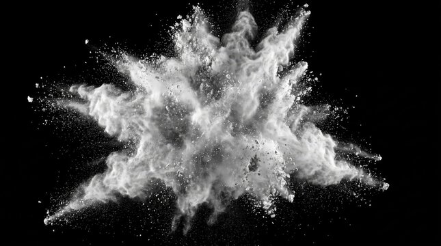 Massive explosion of white flour or powder frozen mid air on black background with white dust explosion cloud dust burst splatter effe