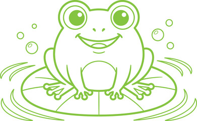 Obraz premium Cute Frog Cartoon Line Art Illustration with Lily Pads and Water Ripples
