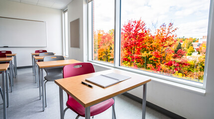 Obraz premium Empty school classroom interior showing wooden student desks facing large window revealing beautiful vibrant red and yellow autumn trees outside