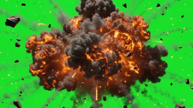 4K Animation of an Massive Explosion on Black and Green Screen or Chroma Key background. Close-up View of Fire.
