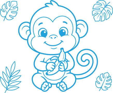 Cute cartoon baby monkey eating banana with tropical leaves outline vector illustration