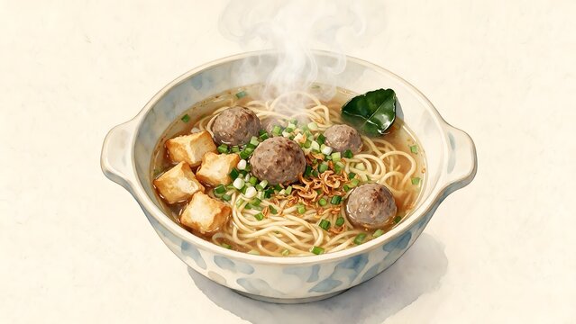 Bowl of Indonesian bakso meatballs displaying noodles and tofu. Culinary illustration concept