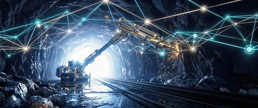 Robotic drilling rig working in a dark rocky mine tunnel. Glowing cyan digital network representing smart mining technology and automation in the industry
