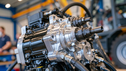Fototapeta premium Close up of a variable displacement piston pump for hydraulic systems, precision machined aluminum housing catching bright reflected light, detailed metal surfaces, visible hydraulic ports and engin