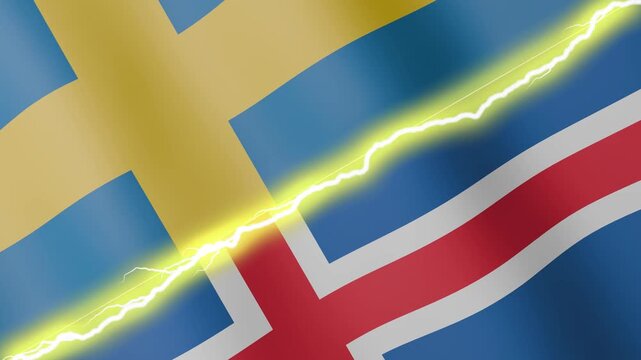 Two waving flags Sweden and Iceland with diagonal lightning seamless, 4k loop