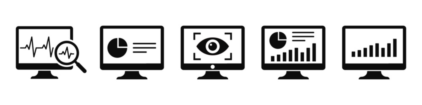 Computer monitor screen dashboard displaying data analytics charts graph heartbeat pulse and vision monitoring icons