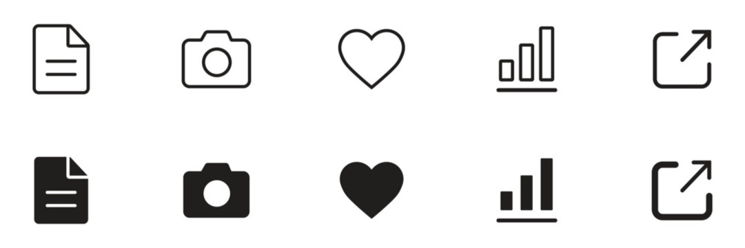 Essential web user interface icon set including document camera heart chart and external share link symbols