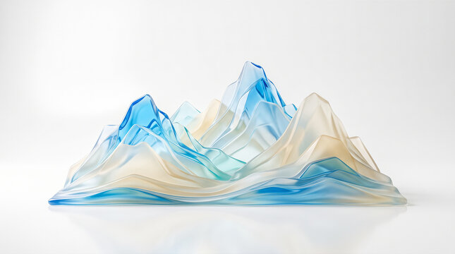 Beautiful abstract translucent blue beige glass mountain sculpture resting upon bright white reflective studio surface creating modern minimalist geometric landscape rendering space