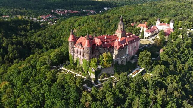 Aerial view of Ksiaz Castle, the third largest in Poland, Walbrzych, Poland
