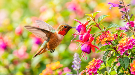 Obraz premium Tiny rufous hummingbird hovering midair drinking sweet nectar from bright pink fuchsia blossoms inside vibrant colorful summer blooming botanical garden setting