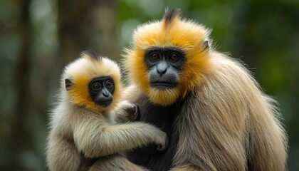 Fototapeta premium Close image of a Yellow Cheeked Gibbon monkey (Nomascus Gabriallae) mother with child in the forest