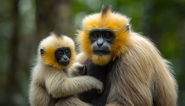 Close image of a Yellow Cheeked Gibbon monkey (Nomascus Gabriallae) mother with child in the forest