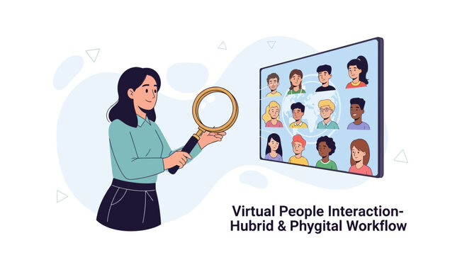 Woman with Magnifying Glass Examines Diverse Virtual People on Screen, Hybrid & Phygital Workflow Concept