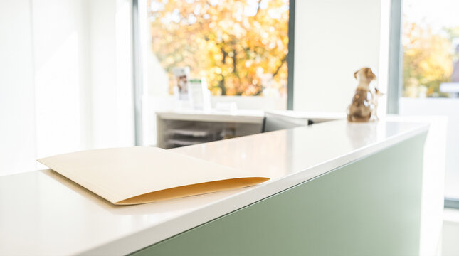 Reception counter surface holding blank manila folder inside bright modern office foyer space overlooking blurred autumn foliage outside waiting room window