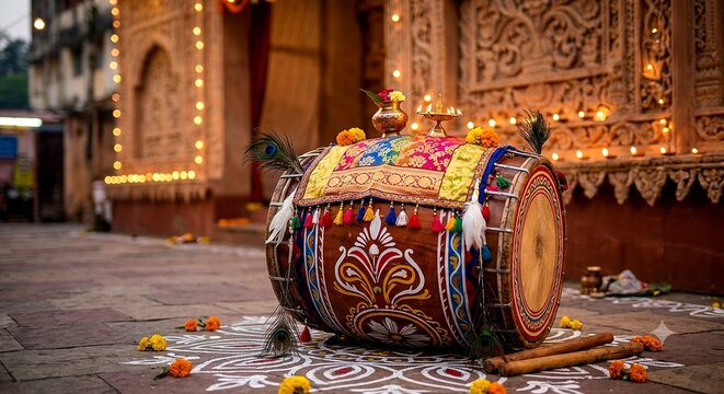 Decorated traditional Bengali dhak drum for Durga Puja festival - Traditional percussion instrument with peacock feathers on rangoli