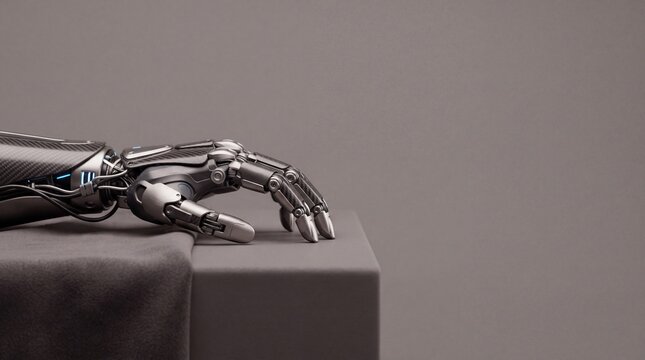 A robotic hand with metallic joints and carbon fiber textures resting on a grey surface, ad social media download thambnail poster web template event festival 2026 2027 2028