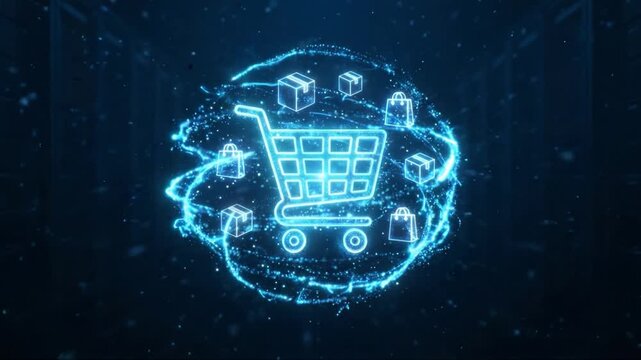 Online shopping cart, digital commerce, glowing blue icon on dark background, retail concept with package and bag icons for ecommerce delivery