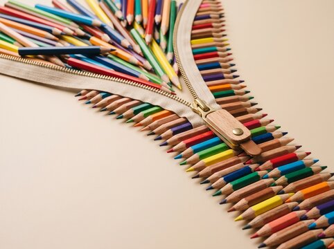 Colored pencils forming a zipper unzipping into a creative mess.