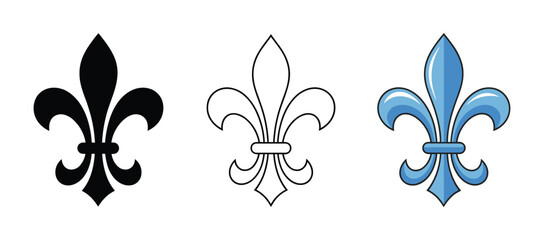 Fleur-de-lis Symbol Collection: Three distinct representations of the iconic fleur-de-lis motif. black icon, outline drawing, blue emblem. © Vector By Priojith