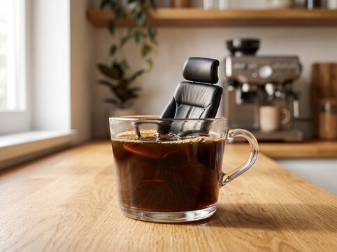 Office chair floats in coffee cup representing work life balance.