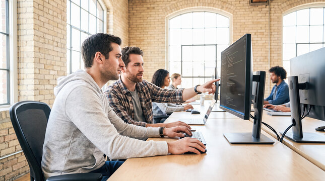 Two young male software engineers analyzing computer code upon black monitor screen while sitting alongside coworkers working at long wooden office desk