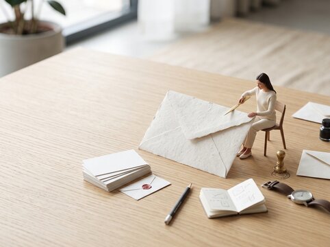 Miniature woman writing on a large paper envelope on a wooden table.