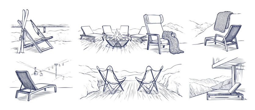 Ski resort lounge chair illustration set featuring winter outdoor deck chairs, cozy fire pit terrace, ski lift views, and mountain balcony vector sketches for apres-ski cozy lifestyle design.