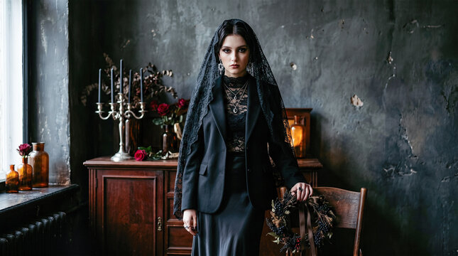 Beautiful gothic woman wearing elegant black suit dark lace veil standing inside moody room near vintage candelabra holding dried floral wreath looking mysterious