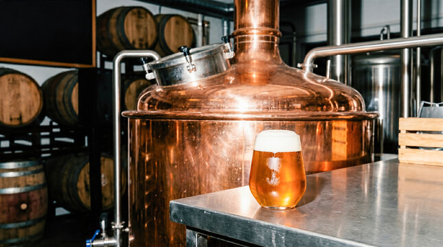 Glass filled with light craft beer resting on stainless steel table against background featuring large shiny copper brewing vat and barrels