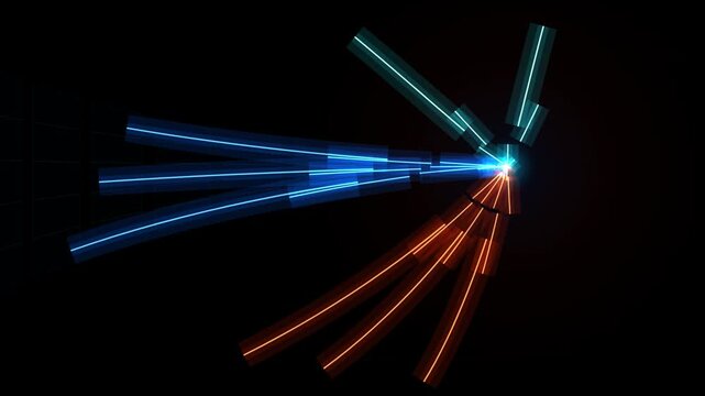 Blue and orange light rays intersecting in dark space