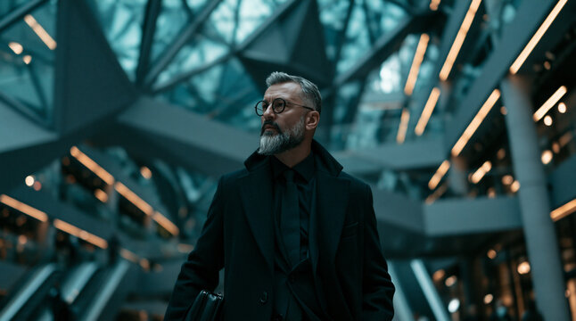 futuristic business executive in modern glass terminal, bearded businessman in formal attire with briefcase, middleaged professional standing in futuristic architectural interior