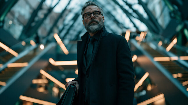 futuristic business executive in modern glass terminal, bearded businessman in formal attire with briefcase, middleaged professional standing in futuristic architectural interior