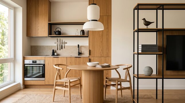 Modern Japandi interior design of a kitchen and dining area.