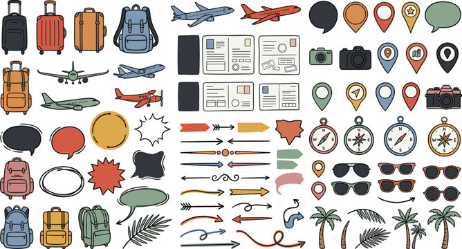 Hand-drawn vector illustration featuring travel icons including suitcases, backpacks, airplanes, passports, cameras, compasses, sunglasses, palm trees, map pins, speech bubbles, and decorative arrows.
