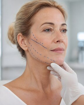 Mature elegant woman with medical face markings for thread lift rejuvenation procedure