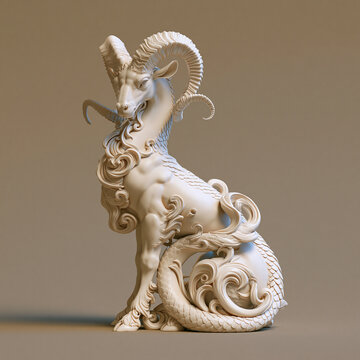 3D printable Capricorn zodiac constellation sculpture featuring a mythical sea-goat, celestial stars and geometric forms in a sophisticated modern design.