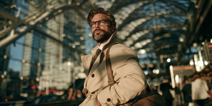 futuristic business executive in modern glass terminal, bearded businessman in formal attire with briefcase, middleaged professional standing in futuristic architectural interior