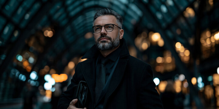 futuristic business executive in modern glass terminal, bearded businessman in formal attire with briefcase, middleaged professional standing in futuristic architectural interior