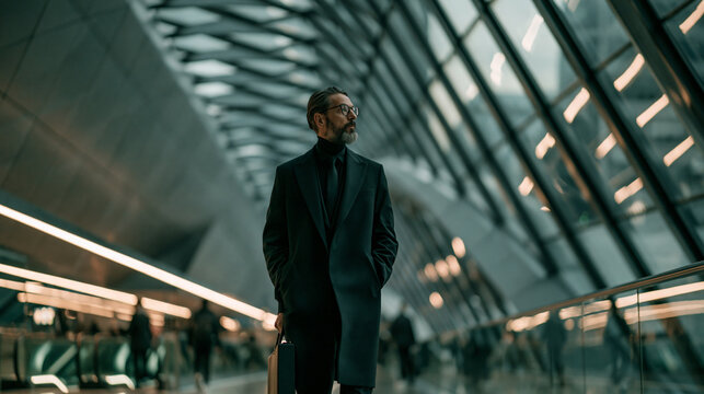 futuristic business executive in modern glass terminal, bearded businessman in formal attire with briefcase, middleaged professional standing in futuristic architectural interior